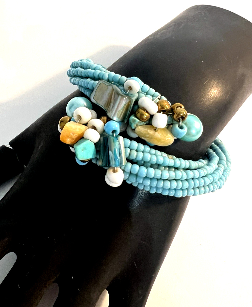 Multiple Wrap Turquoise Bead Bracelet w/ Stones & Beaded Accents GORGEOUS BOHO